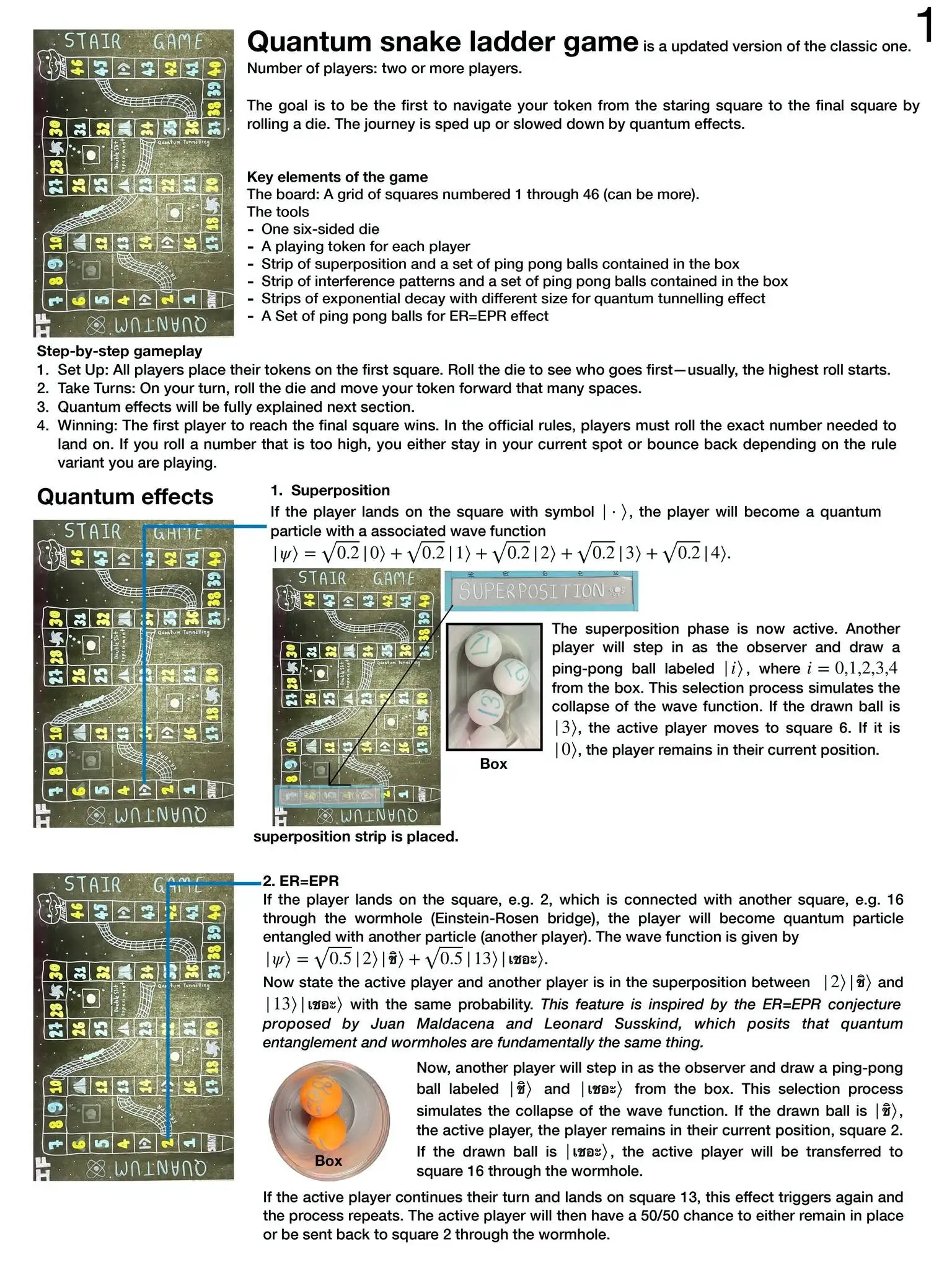 Handwritten quantum equations, game board layout diagrams, and rules for the superposition strip mechanics